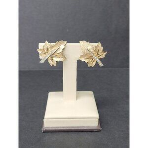 Vintage Boucher Signed Gold Tone Leaf Earrings with Rhinestones Clip‎ On 38